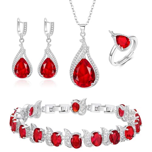 Jewelry Set for Bride, Sparkling Water Drop Cubic Zirconia Crystal Pendant Necklace Leverback Earrings Tennis Bracelet Adjustable Ring Gift for Wedding/Birthday/Mother's Day/Christmas - color: 14-Ruby Color