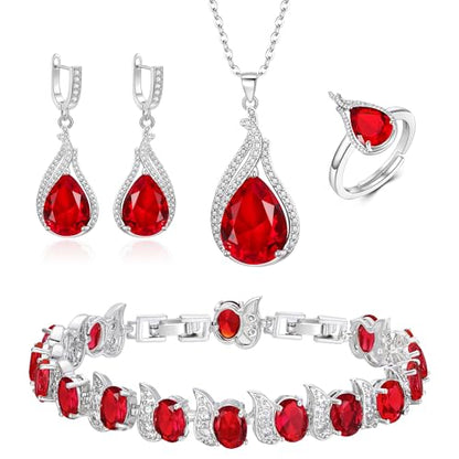 Jewelry Set for Bride, Sparkling Water Drop Cubic Zirconia Crystal Pendant Necklace Leverback Earrings Tennis Bracelet Adjustable Ring Gift for Wedding/Birthday/Mother's Day/Christmas - color: 14-Ruby Color