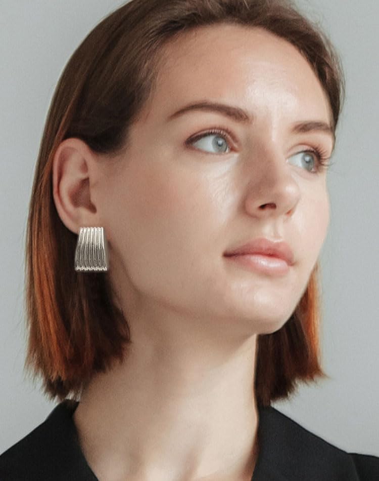 Gold Chunky Statement Earrings for Women, Trendy 14K Gold Plated Square Geometric Vintage Drop Dangle Designer Stud Earrings, Jewelry Gift - style: ribbed-silver