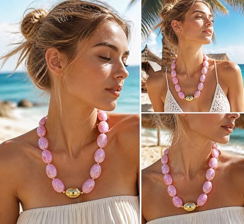 Chunky Beads Necklace for Women Trendy Gold Puffy Heart Choker Necklace Colorful Resin Beaded Heart Pendant Necklaces Statement Jewelry - color: Oval Beads-Pink