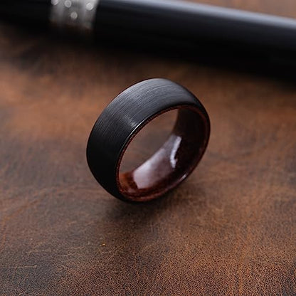 8mm Tungsten Carbide Genuine Natural Koa Wood Inner Inlay Ring Black/Gold/Silver/Rose Gold Wedding Band Hammered Textured Flat Style Comfort Fit Gift Box Included - color: Black Tungsten