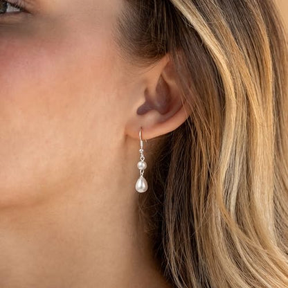 Robaice Pearl Earrings for Women, 14K Gold Plated Dangle Drop Earrings | Small Pearl Drop Huggie Hoop Earrings, Hypoallergenic Dainty Gold Earrings, Wedding Jewelry Gifts for Women Trendy - style: silver two pearl earrings