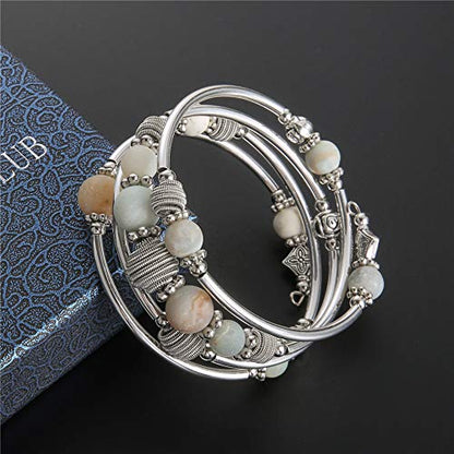 PEARL&CLUB Beaded Chakra Bangle Turquoise Bracelet - Fashion Jewelry Wrap Bracelet with Thick Silver Metal and Mala Beads, Birthday Gifts For Women - color: Green