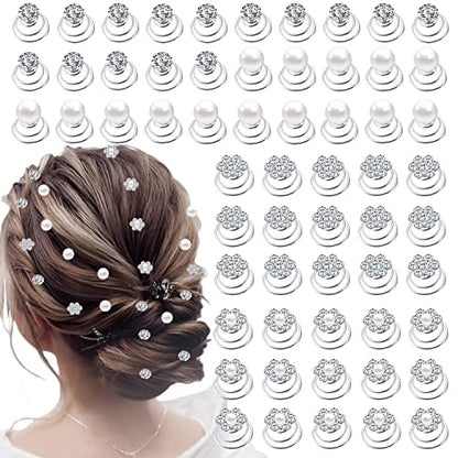 60 PCS 4 Shapes Gems Rhinestone Twister Hair Studs Set Diamond Spiral Pearl Flower Jewels Hair Pins Sticks for Wedding, Bridal, Prom, Party and Special Occasion, Pearl - color: Pearl