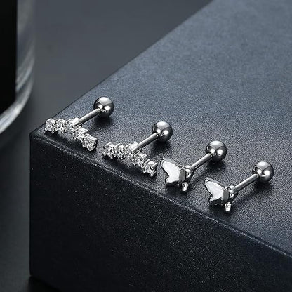 10 Pairs 3mm CZ Stud Earrings Stainless Steel Ball Stud Earrings Barbell Cartilage Flatback Earrings Set for Women Men Helix Piercing Jewelry Silver Gold Rose Gold Black Rainbow - color: Silver Butterfly - 2Pcs