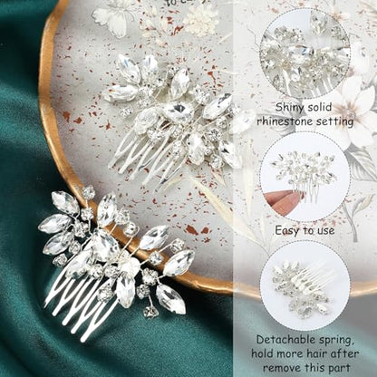 2 Pcs Crystal Bride Wedding Hair Comb, Silver Rhinestone Silver Bridal Side Comb Bridal Hairpieces Bridesmaid Clips Accessories, Silve-Bridal-Headpiece Wedding Hair Piece for Women and Girls