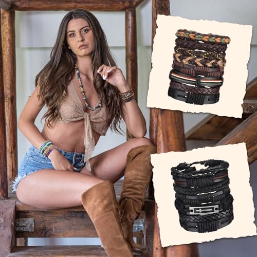 Equsion 50 Pcs Braided Leather Bracelets for Men Women Wrap Wooden Bead Cuff Bracelet Hemp Cords Ethnic Tribal Handmade Wrap Wristband Bracelets Set Adjustable for Personal Wearing