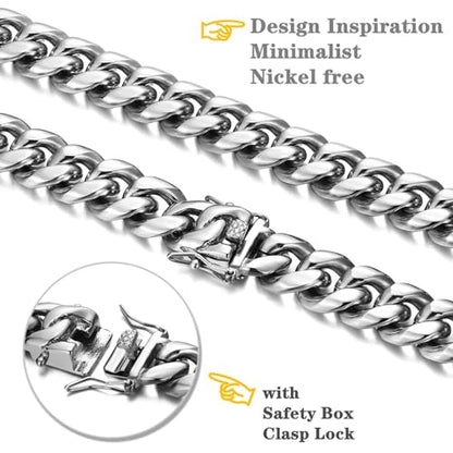 ROWIN&CO Miami Cuban Link Chain for Men 15mm Silver Stainless Steel Curb Necklace, Hip Hop Jewelry, Durable & Anti-Tarnish Mens Chain 18" 20" 22" 30" Inch, Pops Gifts For Fathers Boyfriends, Sons - size: 35 inch