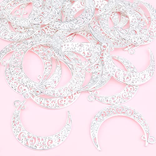 40pcs Bright Silver Hollow Moon Charms Filigree Luna Crescent Charms Celestial Moon Pendants for DIY Earrings Necklace Jewelry Making Findings - color: Kc Silver
