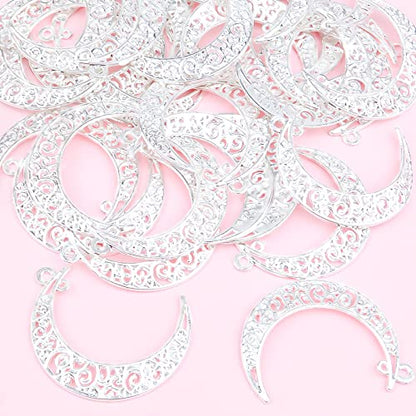 40pcs Bright Silver Hollow Moon Charms Filigree Luna Crescent Charms Celestial Moon Pendants for DIY Earrings Necklace Jewelry Making Findings - color: Kc Silver