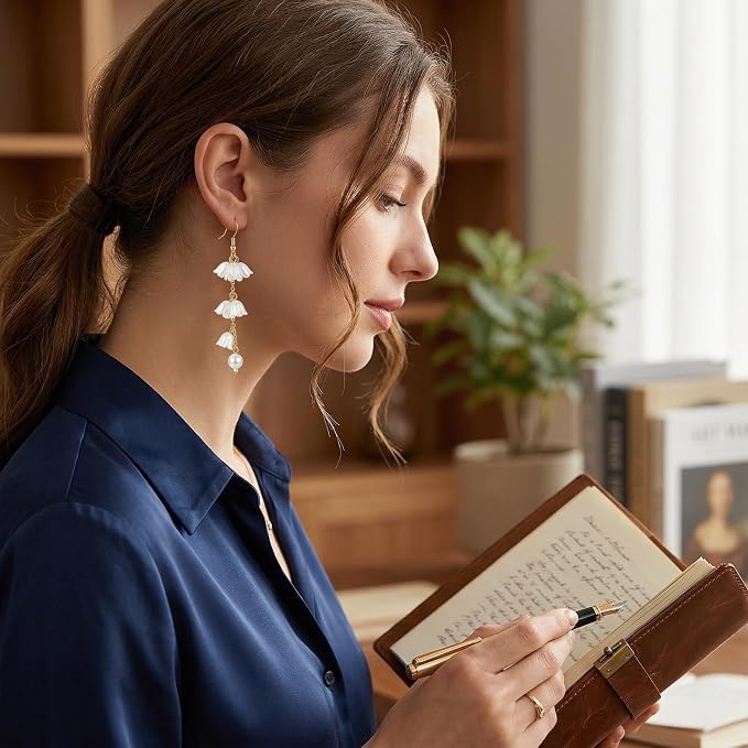 Kruckel Long Dangle Earrings for Women, White Floral Pearl-Inspired | Pearl Drop Earrings, Lightweight Gold-Tone Jewelry for Weddings, Parties, Bridesmaids, Birthdays and Occasion Gifts - color: White Gold D