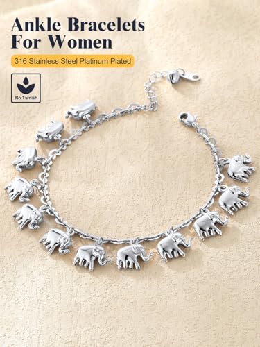 U7 Ankle Bracelets for Women Stainless Steel, 18K Gold Plated/Silver/Rose Gold Anklets Cuban Chain Anklet Bracelets Waterproof - color: Platinum Plated-Elephant Charm