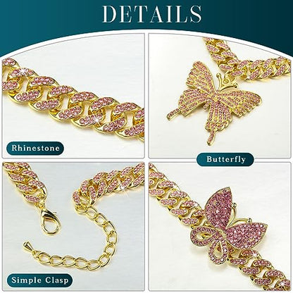 3 Pcs Butterfly Cuban Jewelry Set Cuban Link Chain Necklace for Women Rhinestone Pendant Necklace Bracelet Large Hoop - color: Pink, Gold, style: Classic