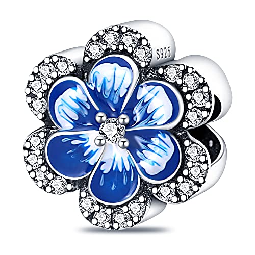 925 Sterling Silver Charms for Bracelets Necklaces Dangle Pendant With 5A Cubic Zirconias Bead Charm for Women DIY Jewelry - style: Blue lucky flower Charms