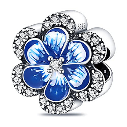 925 Sterling Silver Charms for Bracelets Necklaces Dangle Pendant With 5A Cubic Zirconias Bead Charm for Women DIY Jewelry - style: Blue lucky flower Charms