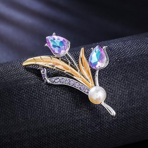 Flower Brooch for Women Rhinestone Pearl Zirconia Flower Lapel Pin Birthday Holiday Gift for Mother Wife Girlfriend - color: 12 Tulip