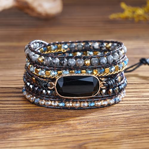 Plumiss Women Boho Handmade Natural Stone Crystal Leather Bead Wrap Bracelets Collection - style: Black Onxy-Ne
