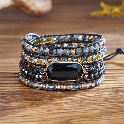 Plumiss Women Boho Handmade Natural Stone Crystal Leather Bead Wrap Bracelets Collection - style: Black Onxy-Ne