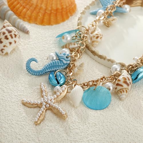RUOFFETA Shell Starfish Necklace Bracelet Conch Statement Chunky Necklace Mermaid Costume Jewelry Beach Jewelry for Women - style: Necklace Blue