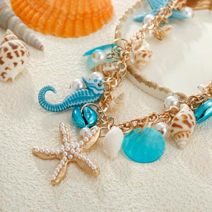 RUOFFETA Shell Starfish Necklace Bracelet Conch Statement Chunky Necklace Mermaid Costume Jewelry Beach Jewelry for Women - style: Necklace Blue