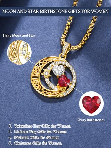 14K Gold Moon and Star Double Birthstone Necklace Gifts for Women | 2 Heart Birthstone Necklace,Mothers Day Wedding Anniversary Birthday Gifts for Wife Mom Daughter Grandma Sister - color: 04-07-Apr-Jul Birthstone