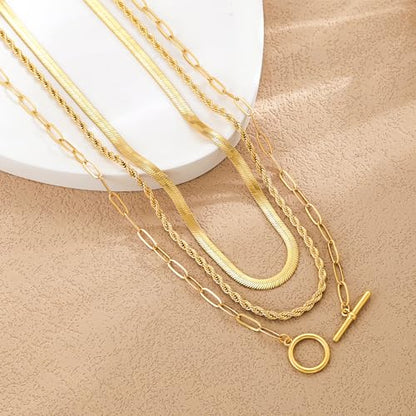 Freekiss 3-Piece Layered Toggle Necklace for Women | Gold/Silver necklace set with herringbone, rope, and paperclip chains plus a toggle clasp for layering, parties, and gifts - color: 3-Layered Paperclip Gold