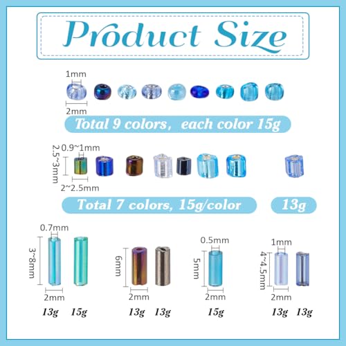 PH PandaHall 16100pcs Glass Seed Beads 24 Style 2mm Small Round Waist Bead 12/0 Ocean Blue Bugle Beads Tube Bead for Christmas Friendship Bracelet Jewelry Making Embroidery Beading Weaving DIY Craft