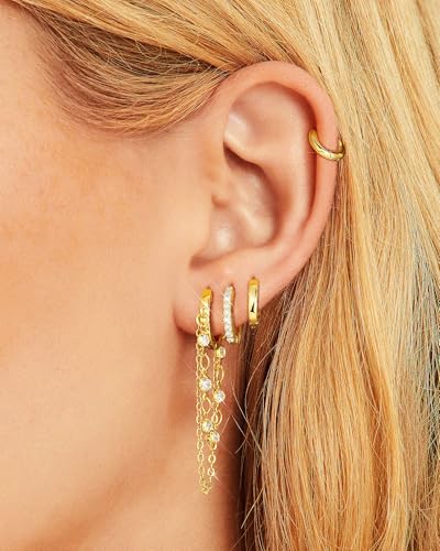 Tassel Chain Small Gold Hoop Dangle Earring For Women Huggie Earring Heart Star CZ 14K Gold Plated Fashion Jewelry Graduation Gift for Her Mothers Day Gifts for Mom - color: Gold-4 Pairs A
