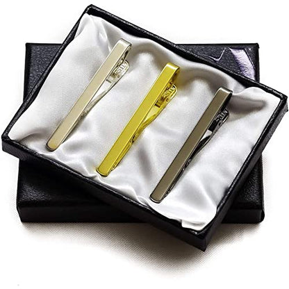 3pc Mens Tie Bar Clip for Regular Necktie, Gold Silver Black with Luxury Gift Box Set