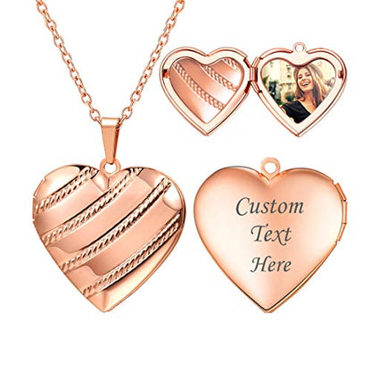 U7 Women Locket Necklace, Heart Photo Lockets Hold Picture, Gift Box Packed | Gold/Silver/Rose Locket Charm, Custom Picture and Engravement Heart Pendant, 20" Chain, Personalized Gift for Mom Wife Friend - color: 05# Rose Gold Stripe