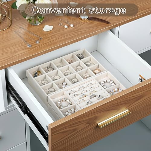 4 Pcs Stackable Jewelry Organizer Trays, 8 x 5 x 1 Inch Velvet Jewelry Trays Beige Jewellery Drawer Inserts Organizer Display Case Storage with Removable Dividers for Earring, Necklace, Rings