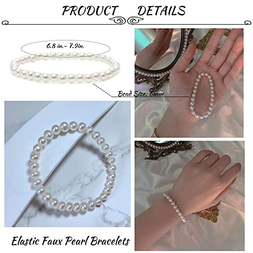 MOZAKA 30 Pieces 6mm/8mm Faux White Pearl Bracelets for Women Stackable Stretch Beaded Bracelets Simulated Pearl Bracelet Set for Bridesmaid Bridal Wedding Party Jewelry - style: A:6mm