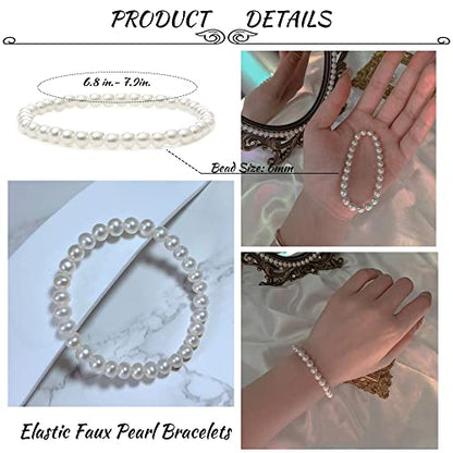 MOZAKA 30 Pieces 6mm/8mm Faux White Pearl Bracelets for Women Stackable Stretch Beaded Bracelets Simulated Pearl Bracelet Set for Bridesmaid Bridal Wedding Party Jewelry - style: A:6mm