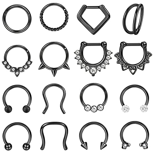 Besteel Hypoallergenic Septum Rings 16G 8mm Surgical Steel Clicker Nose Rings Hoops Set Small Lip Cartilage Helix Daith Piercing Jewelry for Women Men 16 Pcs Gold Silver Black - color: Black