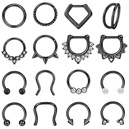 Besteel Hypoallergenic Septum Rings 16G 8mm Surgical Steel Clicker Nose Rings Hoops Set Small Lip Cartilage Helix Daith Piercing Jewelry for Women Men 16 Pcs Gold Silver Black - color: Black
