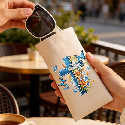 Diamond Art Painting Eye Glass Bag PU Sunglasses Glasses Storage Bag Built-in Glasses Cloth Press Automatic Closure - color: Cross