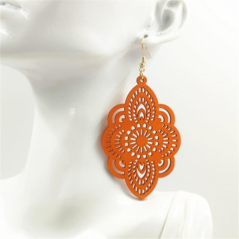 Boho Black Filigree Dangle Earrings for Women, Lightweight Hollow Lace Drop, Wood, 3.34" x 1.69", Bohemian Jewelry - color: Orange