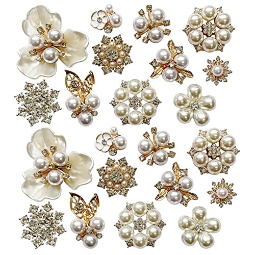 22 Pieces Pearl Rhinestone Buttons Rhinestone Faux Pearl Embellishments Pearl Brooch Alloy Floral Charms Pendants for Jewelry Making