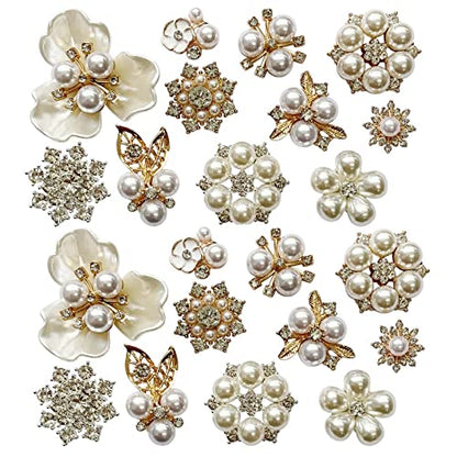 22 Pieces Pearl Rhinestone Buttons Rhinestone Faux Pearl Embellishments Pearl Brooch Alloy Floral Charms Pendants for Jewelry Making
