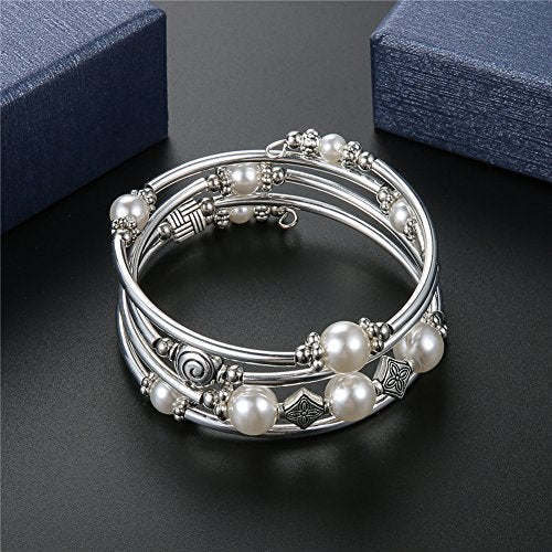 Beaded Pearl Bangle Wrap Bracelet - Fashion Bohemian Jewelry Multilayer Charm Bracelet with Thick Silver Metal Beads, Gift For Women - color: White