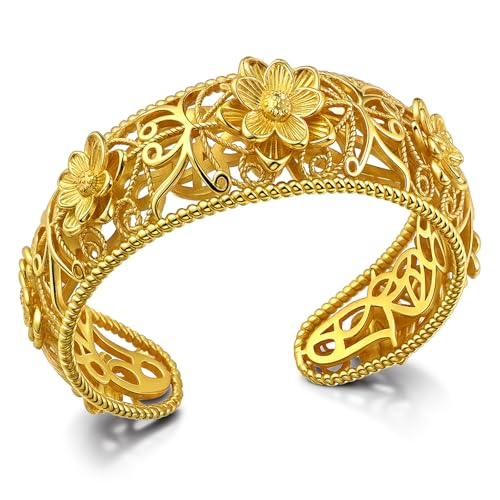 Intricate Floral Pattern Cuff Bracelet for Women - Sterling Silver Bangle, Bohemian Chunky Wide Bracelet Silver & Gold - color: Gold-B