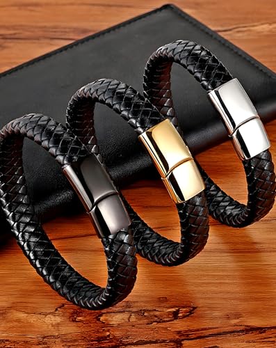 Leather Bracelet for Men, Braided Mens Cuff Bracelets with Stainless Steel Clasp Stacked Multi Style Color Anniversary Father's Day Birthday Christmas Jewelry Gifts for Him - color: Black Clasp & Brown Leather