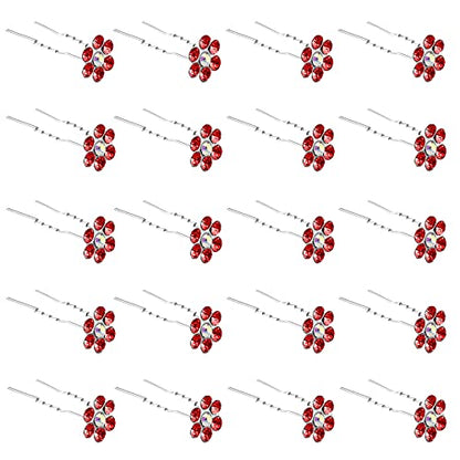 QIUTIMIY 20 Pack (Red) Crystal Flower Hair Pins Rhinestone Hair Clips for Bridal Wedding Women Hair Jewelry Accessories, with Clear Container - color: Crystal Flower-Red