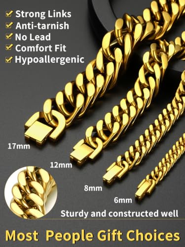 ChainsHouse Stainless Steel Cuban Link Bracelet, 6mm/8mm/12mm/17mm Width, 7.5"/8.3"/9", Black/ 18K Gold Plated Chain Wrist Bracelets for Men Women, Send Gift Box - color: M: Gold-6mm width