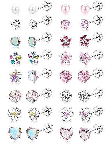THUNARAZ 16 Pairs Hypoallergenic Earrings for Girls Kids Stud Earrings Set | Surgical Stainless Steel, Sensitive Ears Friendly, 20G Heart Flower Ball Stud Earrings Set for Girls and Kids - style: Flat Back