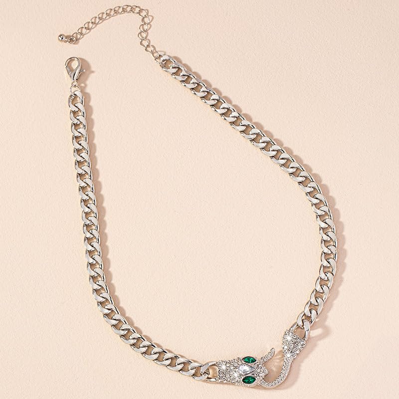 Punk Animal Snake Choker Necklace Hip Hop Rhinestone Snake head Cuban Link Chain Necklace Chunky Cuban Chain Crystal Jewelry for Women Gifts - color: Style B Silver