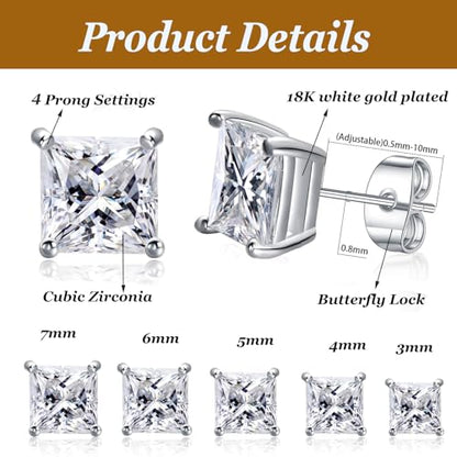 6 Pairs Cubic Zirconia Stud Earrings for Women/Men - Round Cut 4 Prong Settings 18K Gold Plated Hypoallergenic 3-8mm Clear Earrings Set - color: 3-7mm White Gold - Square 4 Prong