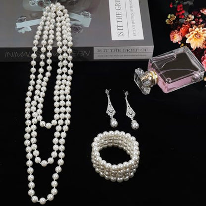 1920s Pearl Jewelry Set - Long Pearl Necklace, Earring Set, Multilayer Bracelet - Flapper Accessories for Women - color: Elegant