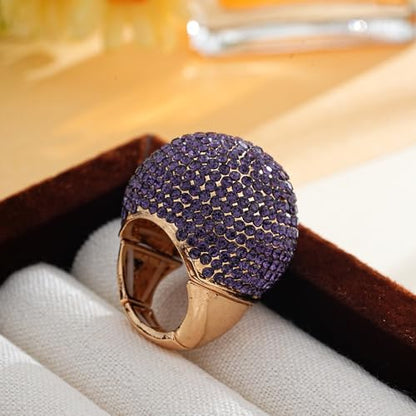 Gold Snowball Rhinestone Cocktail Ring – Adjustable Stretch Sparkling Party Jewelry for Women, Elegant Costume Ring for Evening Wear, Wedding, Prom - color: purple