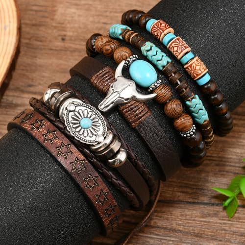 LOTSOF Western Turquoise Beaded Bracelet, Chic Stack Beaded Western Style for Country Concerts, Cowgirl Outfits & Boho Jewelry - color: Cow Head Charm Stretch Bracelet